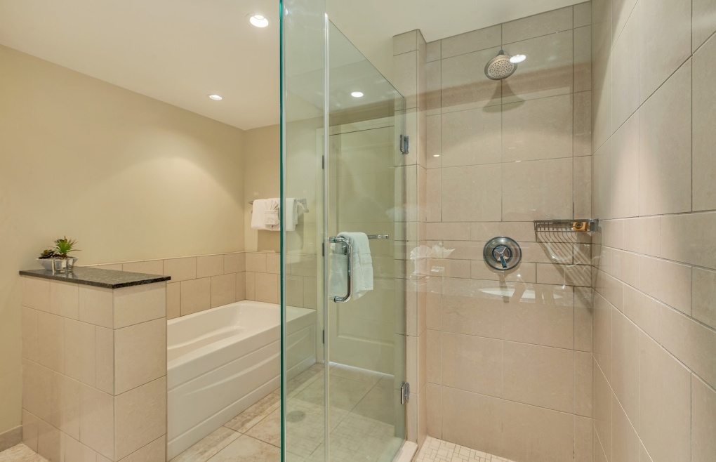 With a glass walk-in shower and soaking tub