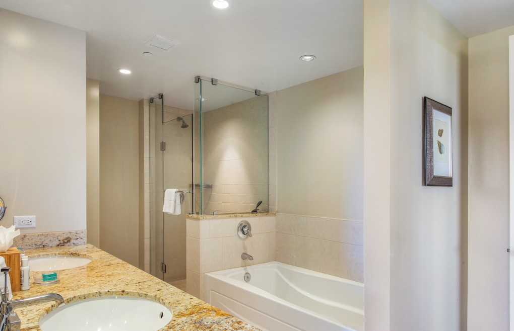 With a glass walk-in shower and separate soaking tub