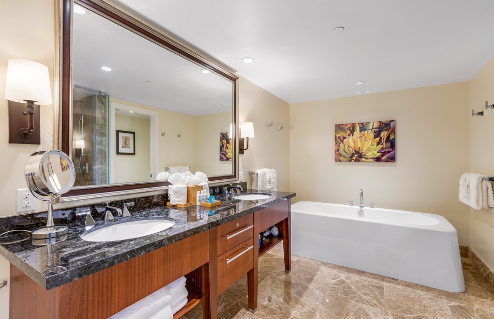 The luxurious master bath offers a double granite vanity