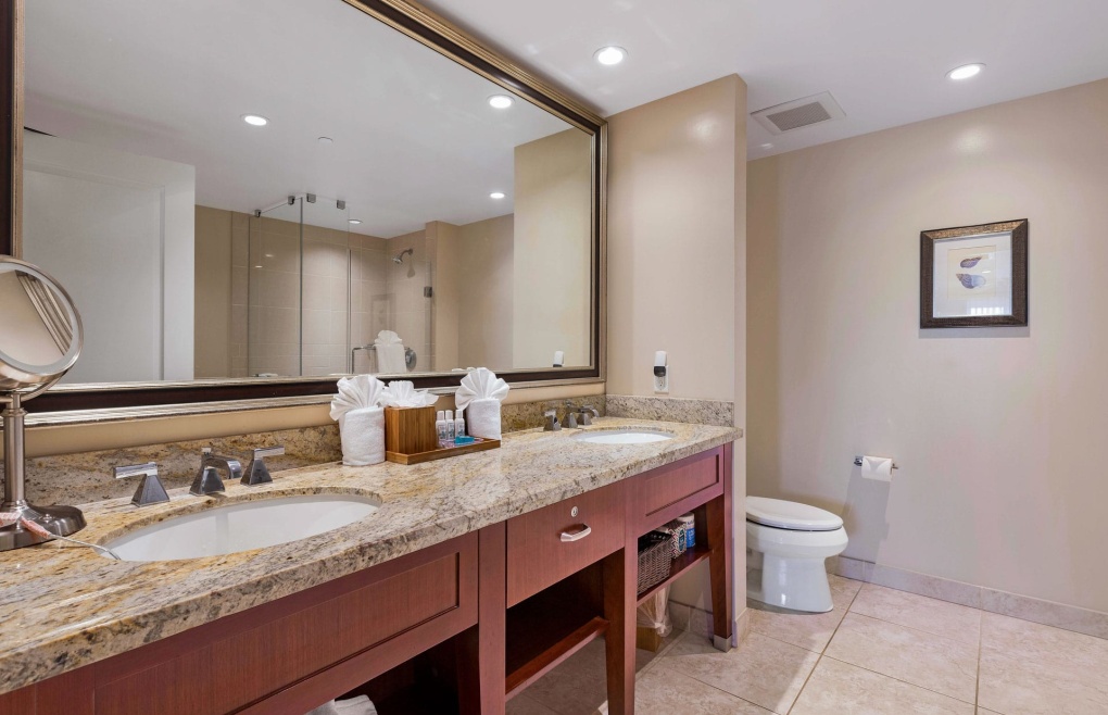 The master bathroom features a double granite vanity