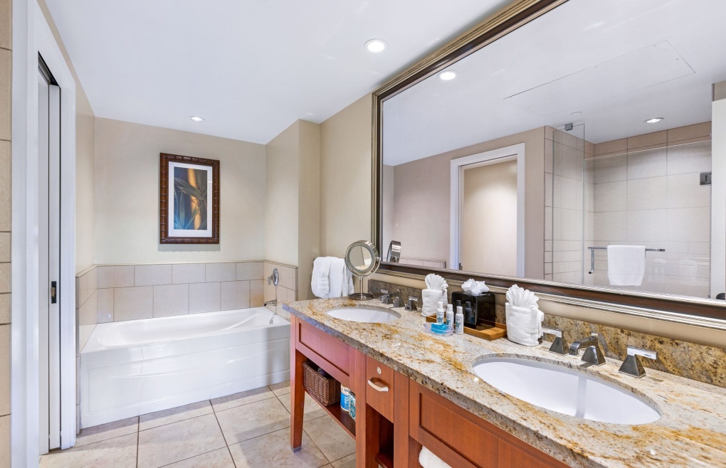 The master bathroom features a double granite vanity and a soaking tub